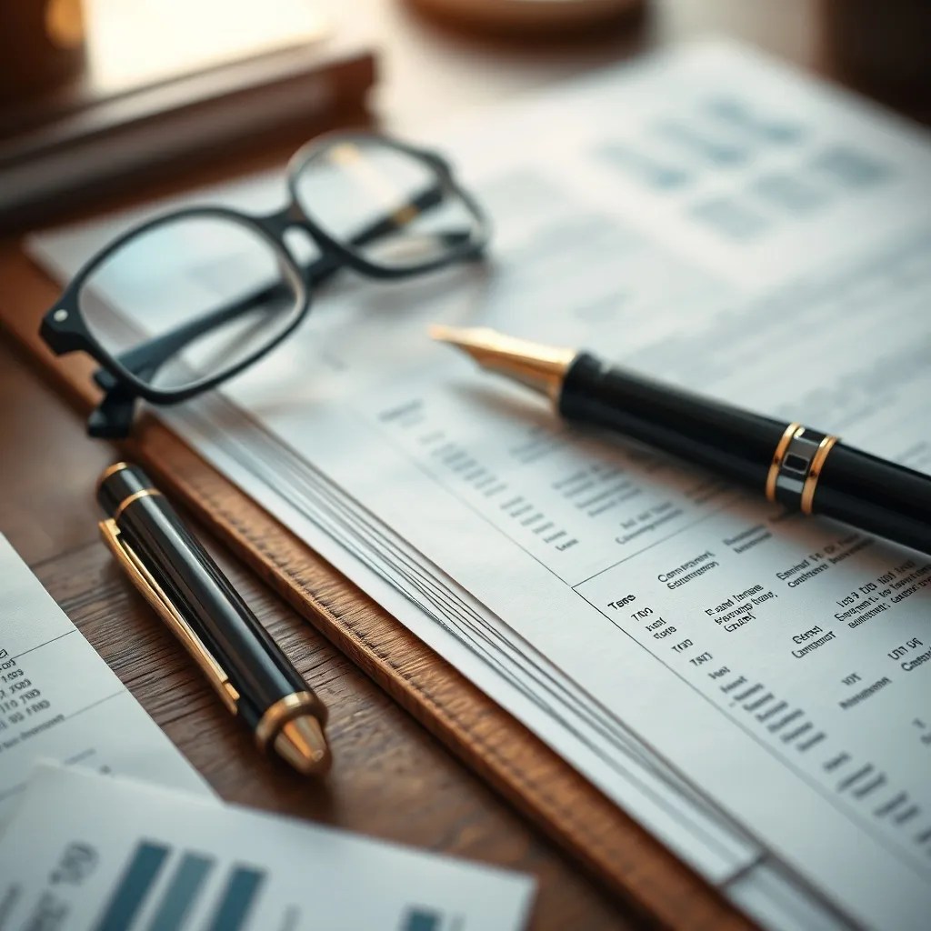 A close-up of financial documents, a fountain pen, and a pai