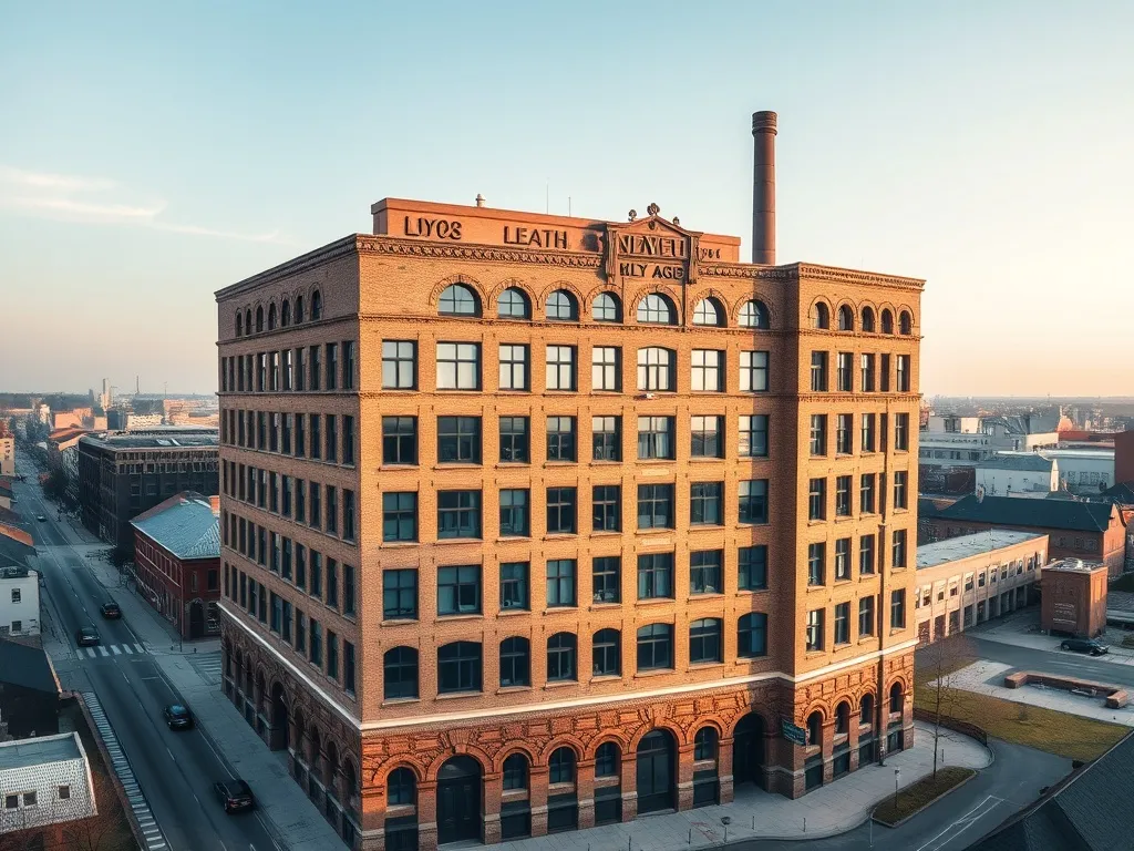 Aerial view of a classic brick industrial building in Lodz,