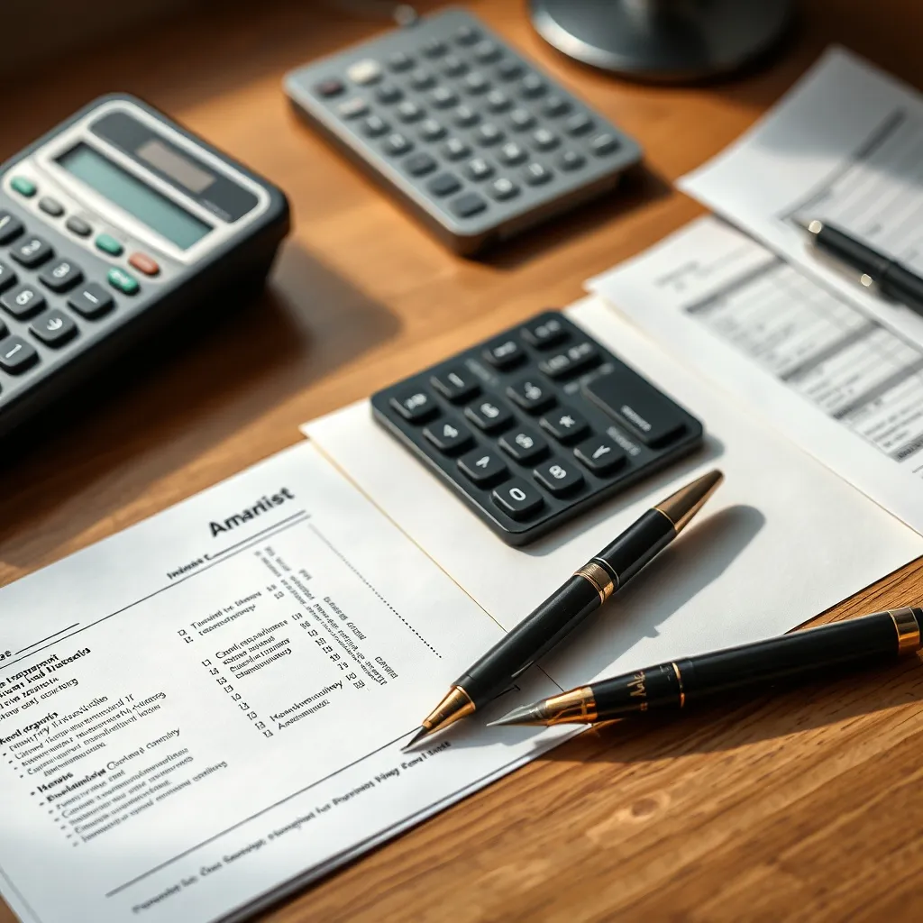 A professional still life of financial documents, a calculat